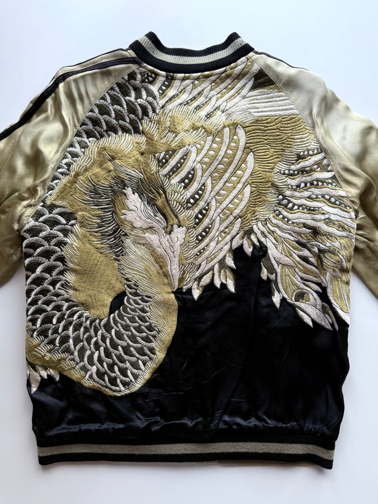 Vintage Reversible Sukajan Jacket Dragon Phoenix Crane Turtle Embroidery Black Gold Japanese Souvenir Bomber Size M