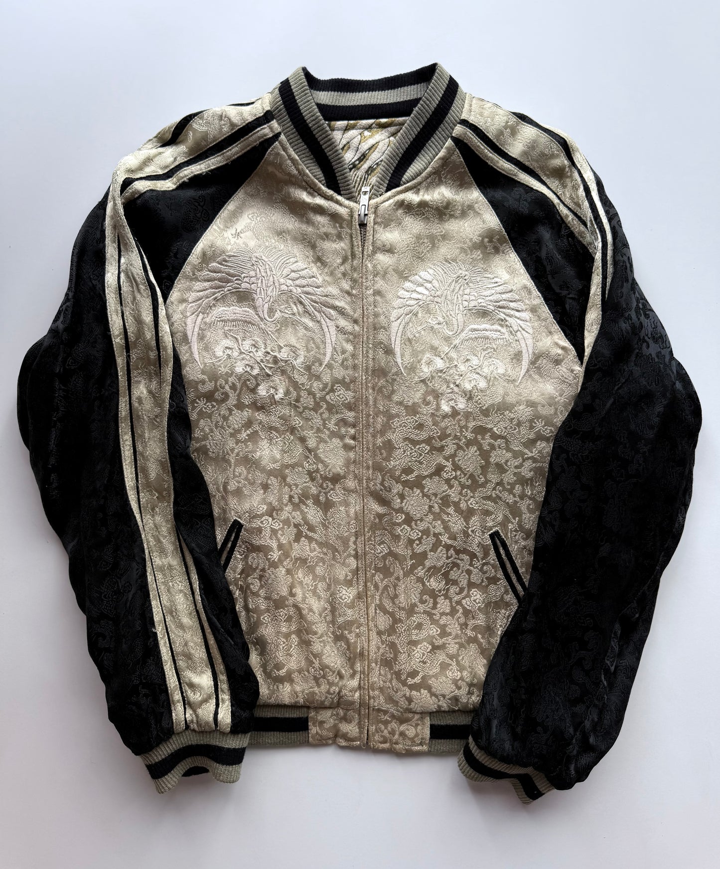 Vintage Reversible Sukajan Jacket Dragon Phoenix Crane Turtle Embroidery Black Gold Japanese Souvenir Bomber Size M