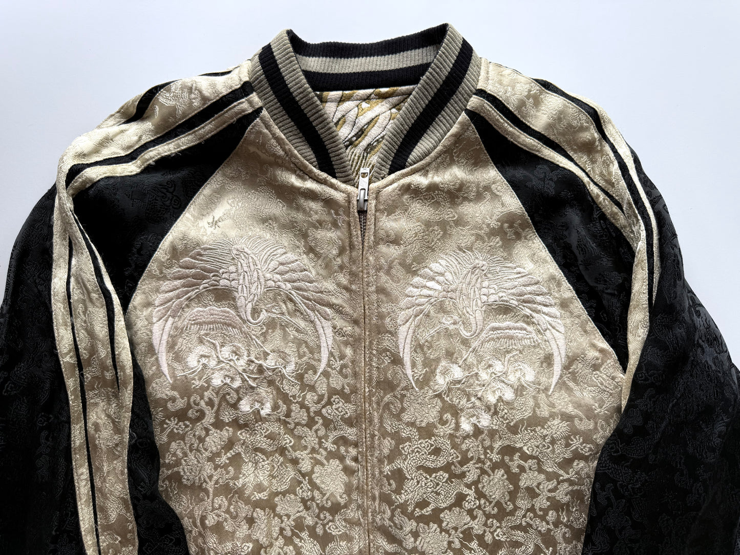 Vintage Reversible Sukajan Jacket Dragon Phoenix Crane Turtle Embroidery Black Gold Japanese Souvenir Bomber Size M