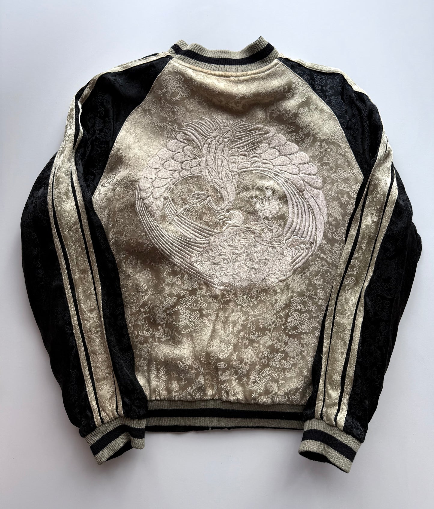 Vintage Reversible Sukajan Jacket Dragon Phoenix Crane Turtle Embroidery Black Gold Japanese Souvenir Bomber Size M