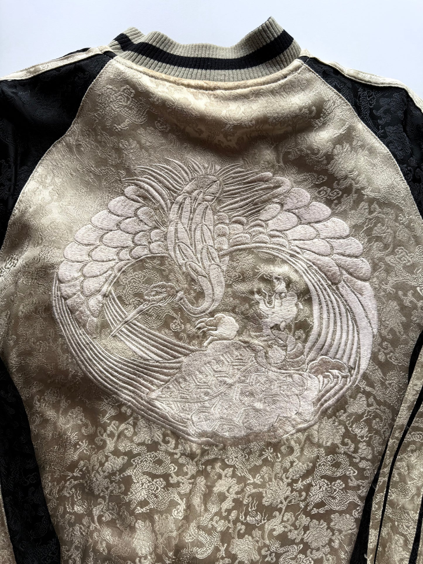 Vintage Reversible Sukajan Jacket Dragon Phoenix Crane Turtle Embroidery Black Gold Japanese Souvenir Bomber Size M