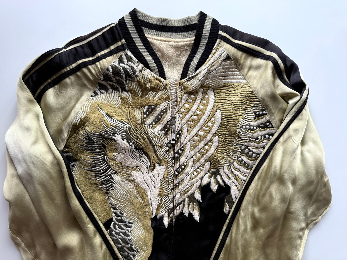 Vintage Reversible Sukajan Jacket Dragon Phoenix Crane Turtle Embroidery Black Gold Japanese Souvenir Bomber Size M