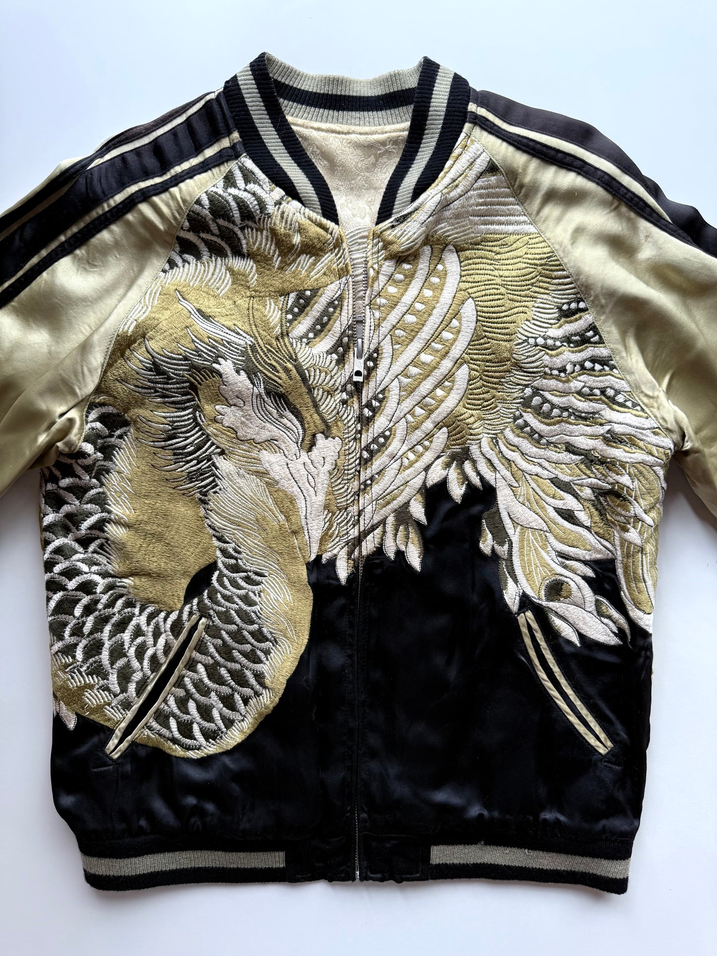 Vintage Reversible Sukajan Jacket Dragon Phoenix Crane Turtle Embroidery Black Gold Japanese Souvenir Bomber Size M
