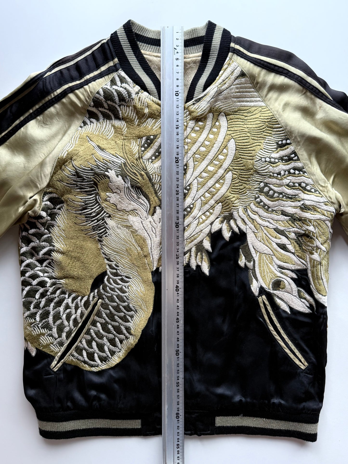 Vintage Reversible Sukajan Jacket Dragon Phoenix Crane Turtle Embroidery Black Gold Japanese Souvenir Bomber Size M