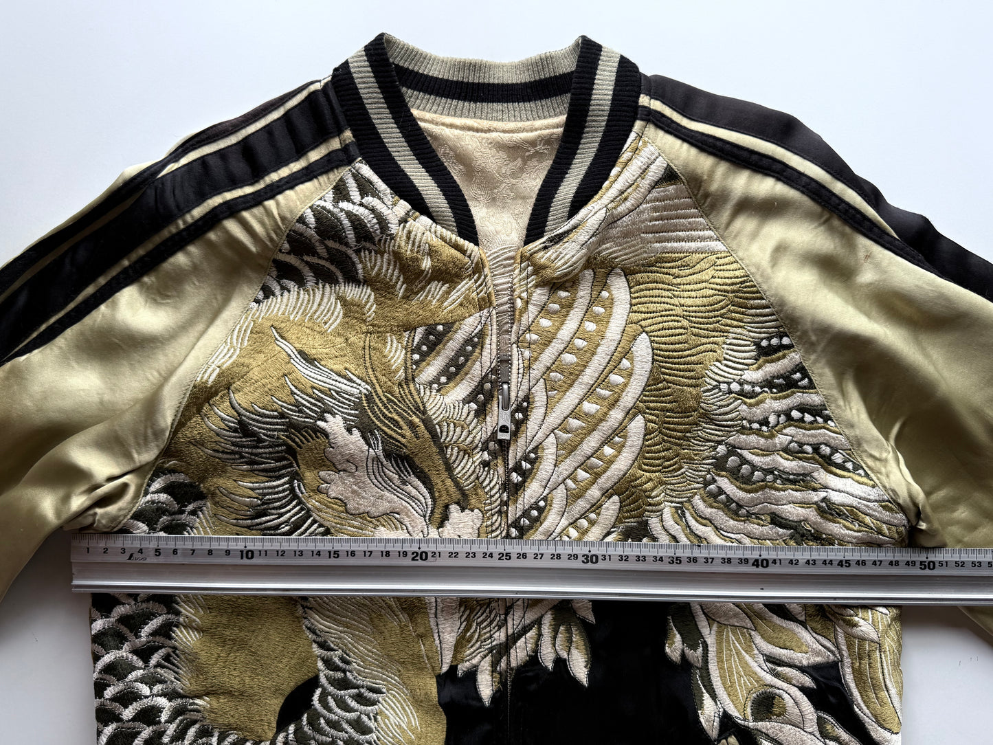 Vintage Reversible Sukajan Jacket Dragon Phoenix Crane Turtle Embroidery Black Gold Japanese Souvenir Bomber Size M