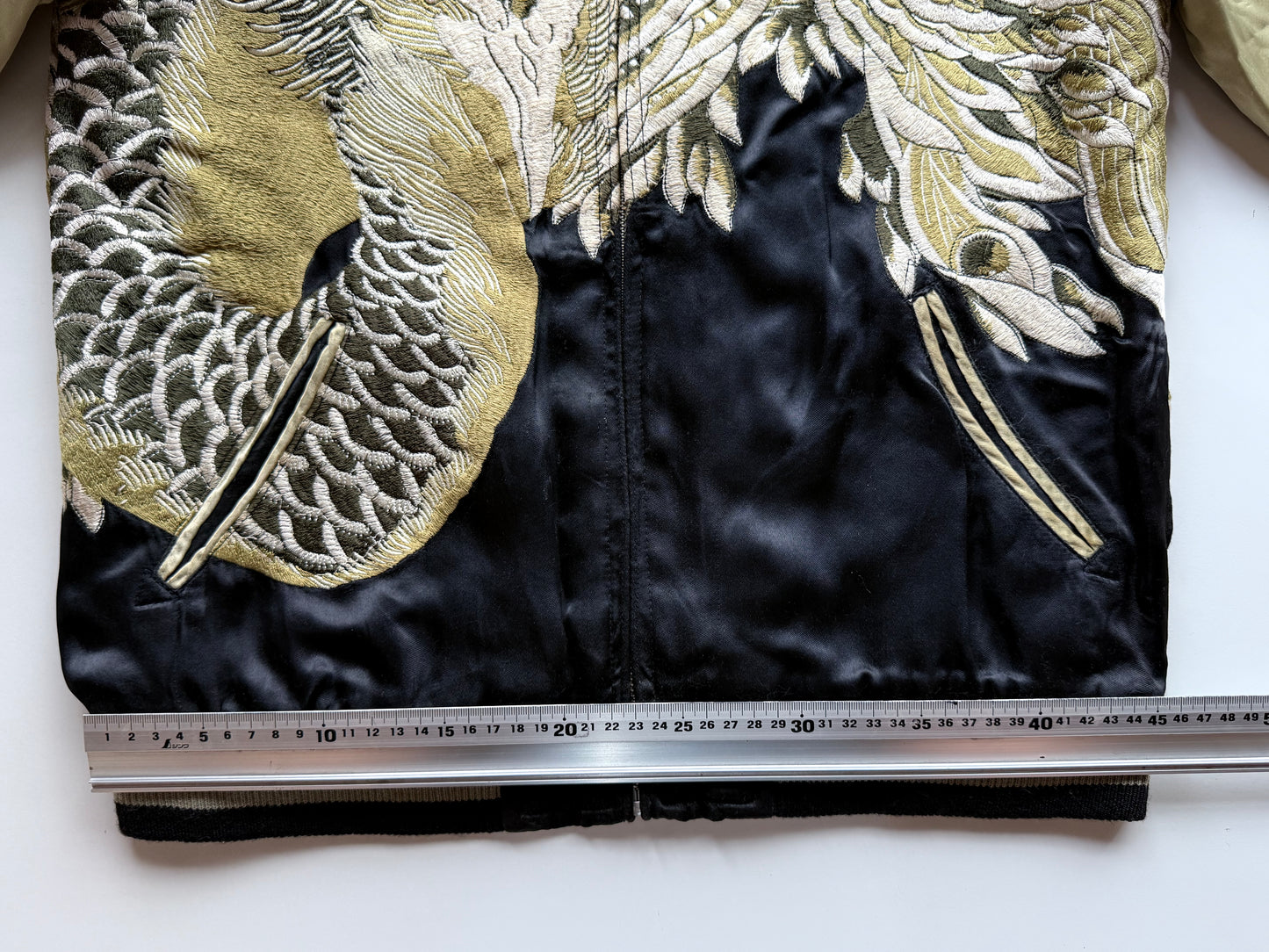 Vintage Reversible Sukajan Jacket Dragon Phoenix Crane Turtle Embroidery Black Gold Japanese Souvenir Bomber Size M