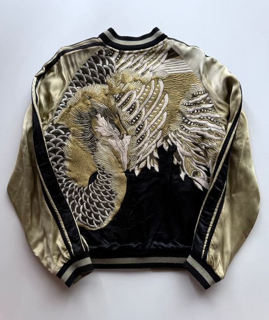 Vintage Reversible Sukajan Jacket Dragon Phoenix Crane Turtle Embroidery Black Gold Japanese Souvenir Bomber Size M