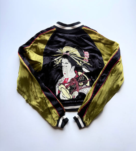 Hanatabi Gakudan Oiran Geisha Sukajan Reversible Black Gold Japanese Embroidered Souvenir Jacket