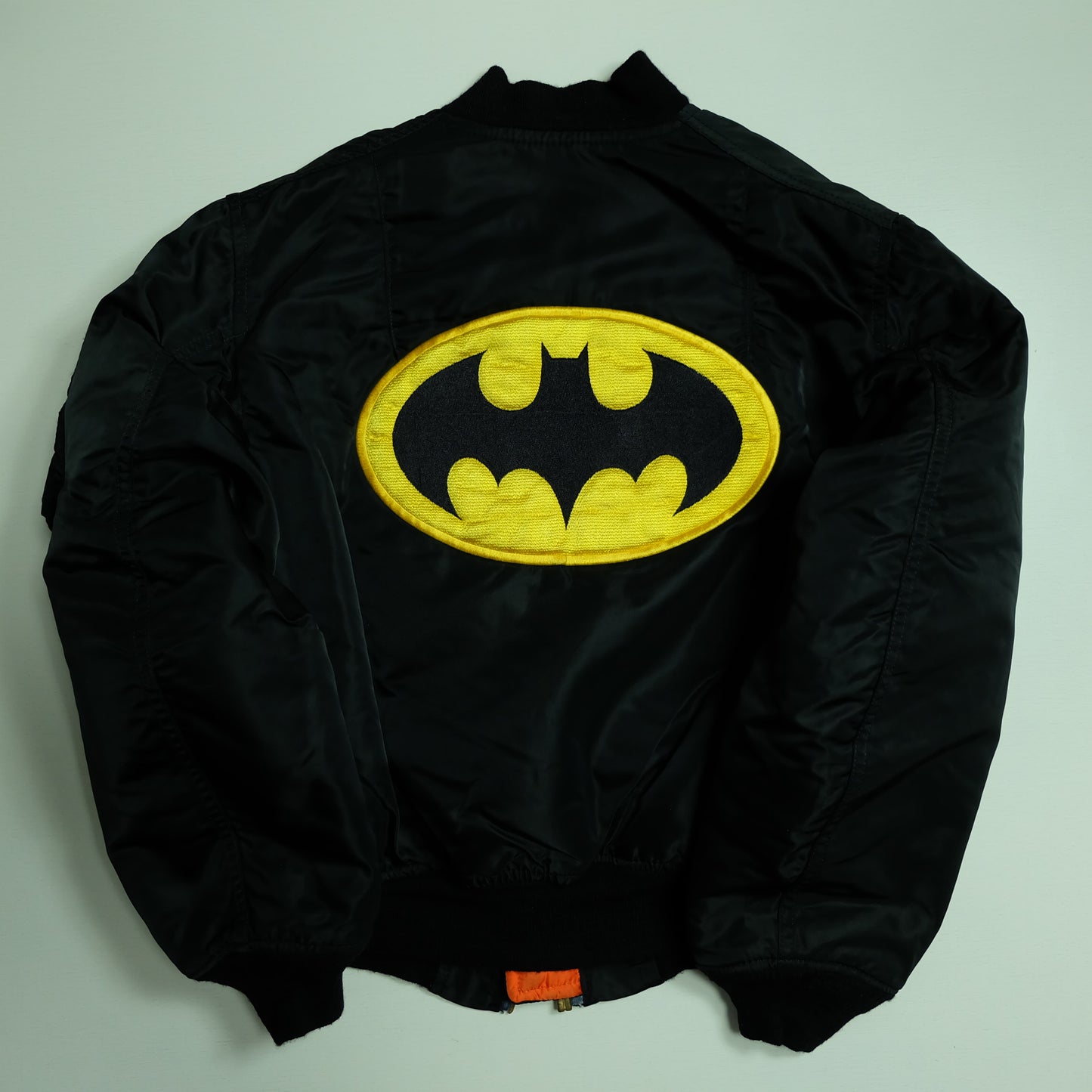 Vintage 1990s Alpha Industries Batman Logo MA-1 Bomber Jacket Medium USA Made Reversible Black Orange Flight Jacket