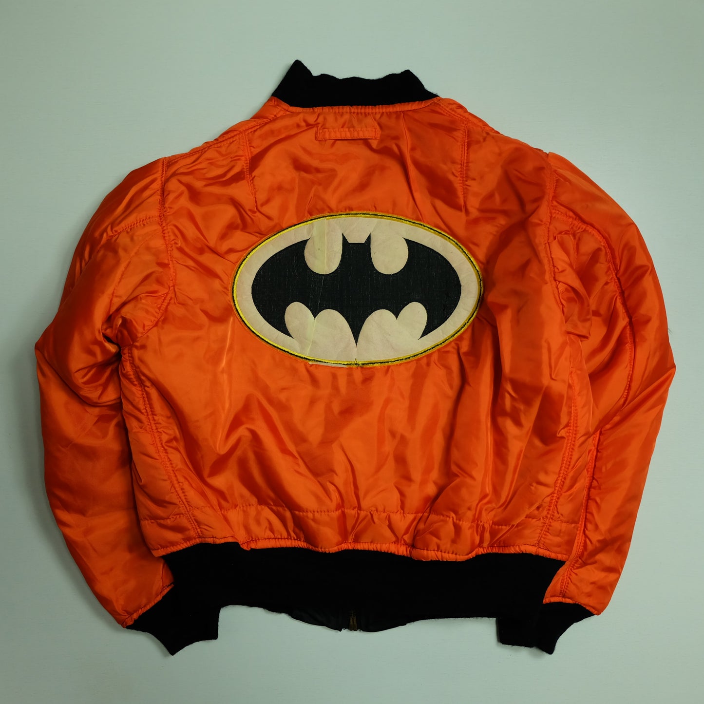 Vintage 1990s Alpha Industries Batman Logo MA-1 Bomber Jacket Medium USA Made Reversible Black Orange Flight Jacket