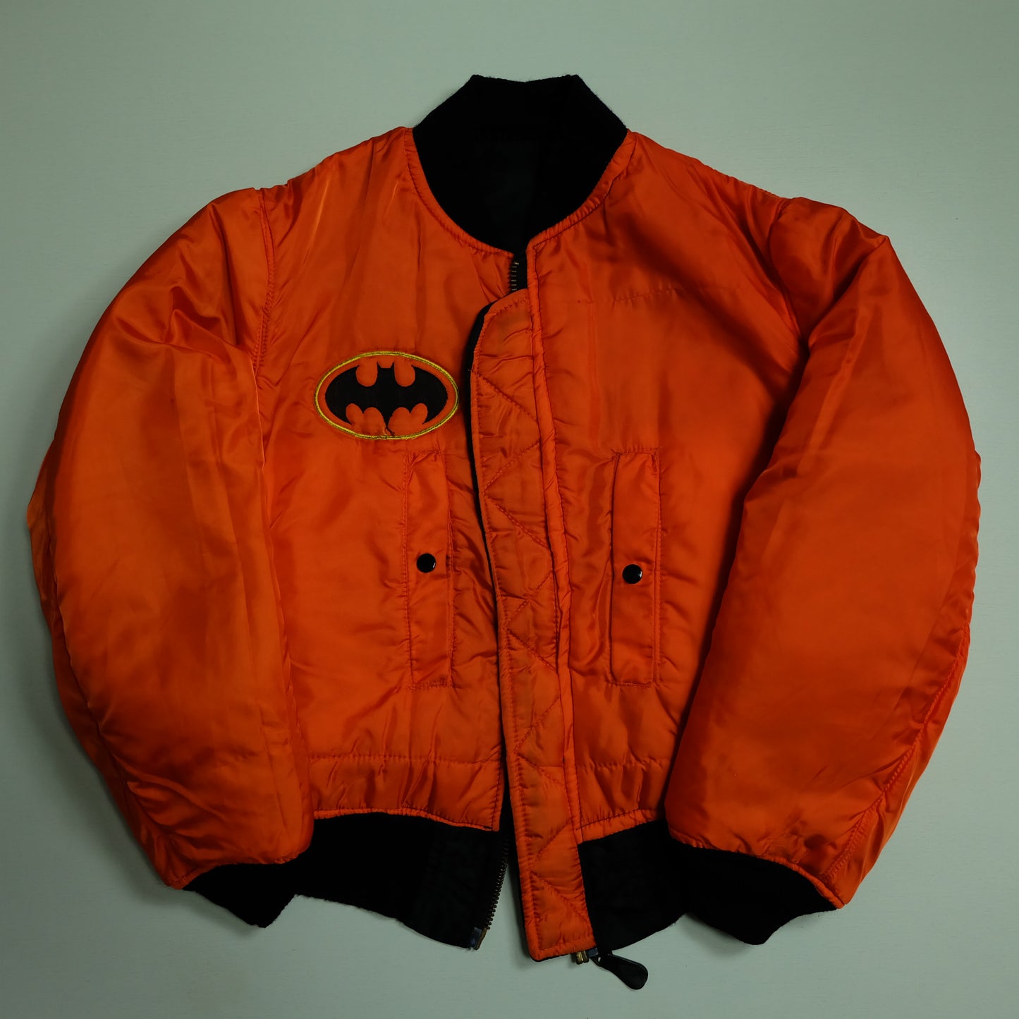 Vintage 1990s Alpha Industries Batman Logo MA-1 Bomber Jacket Medium USA Made Reversible Black Orange Flight Jacket