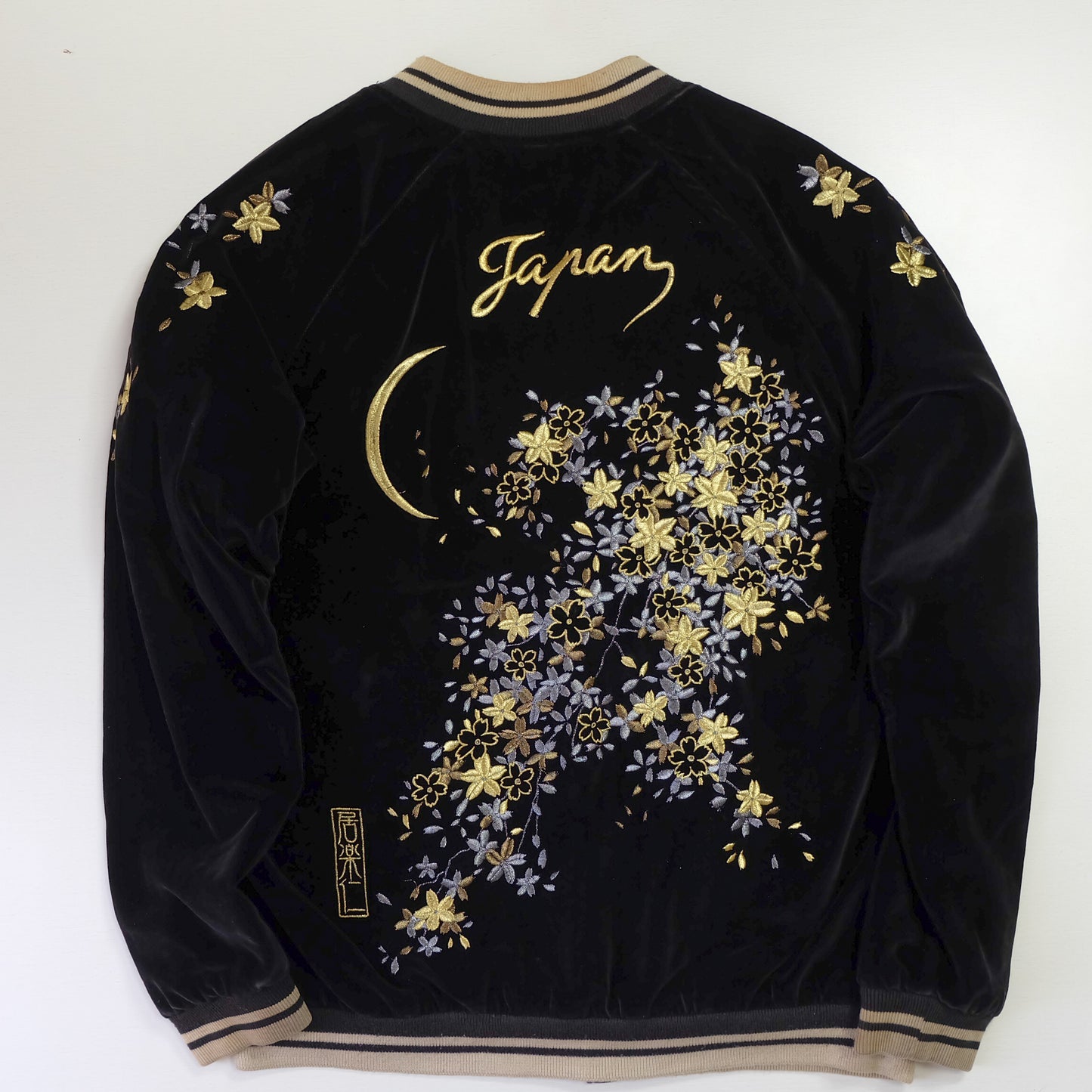 IOLANI Vintage Japanese Street Fashion Black Blue Velvet Sukajan Bomber Souvenir Tour Jacket - Sakura Flowers Floral Cherry Blossom