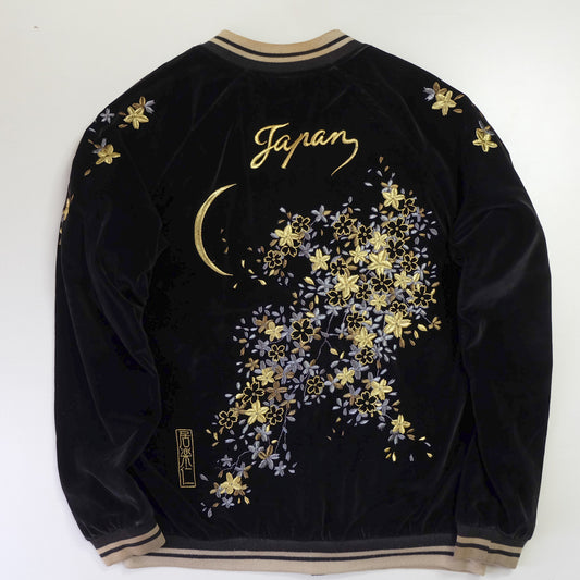 IOLANI Vintage Japanese Street Fashion Black Blue Velvet Sukajan Bomber Souvenir Tour Jacket - Sakura Flowers Floral Cherry Blossom