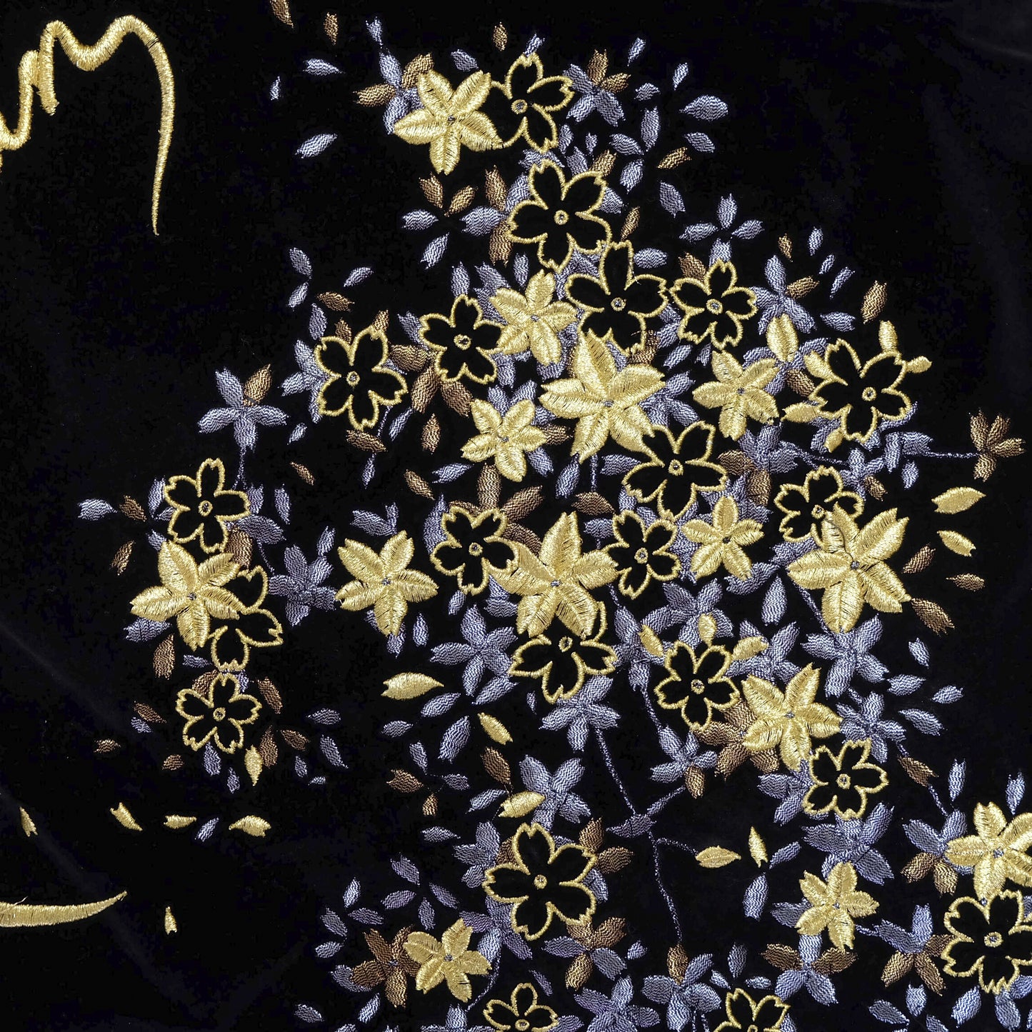 IOLANI Vintage Japanese Street Fashion Black Blue Velvet Sukajan Bomber Souvenir Tour Jacket - Sakura Flowers Floral Cherry Blossom