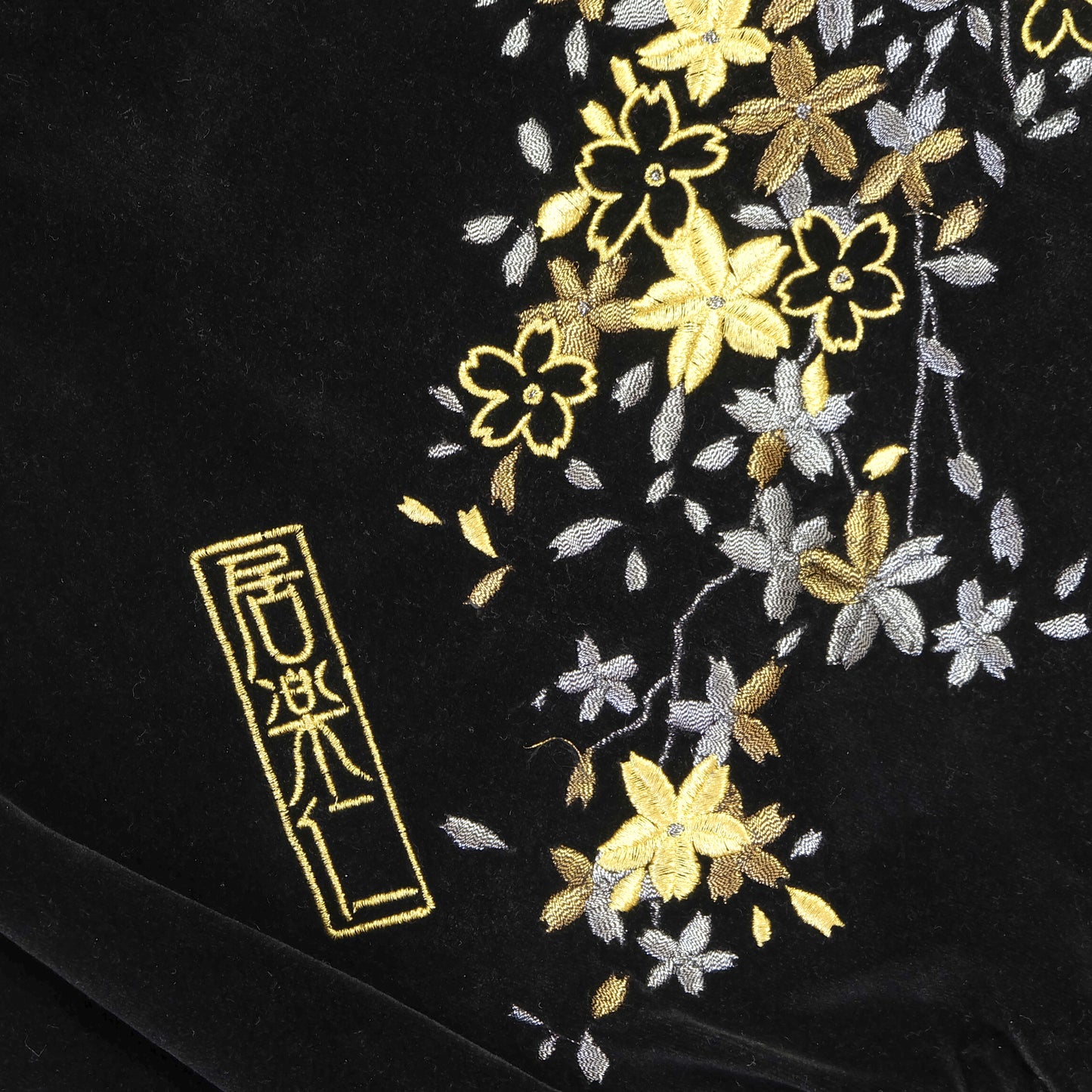 IOLANI Vintage Japanese Street Fashion Black Blue Velvet Sukajan Bomber Souvenir Tour Jacket - Sakura Flowers Floral Cherry Blossom