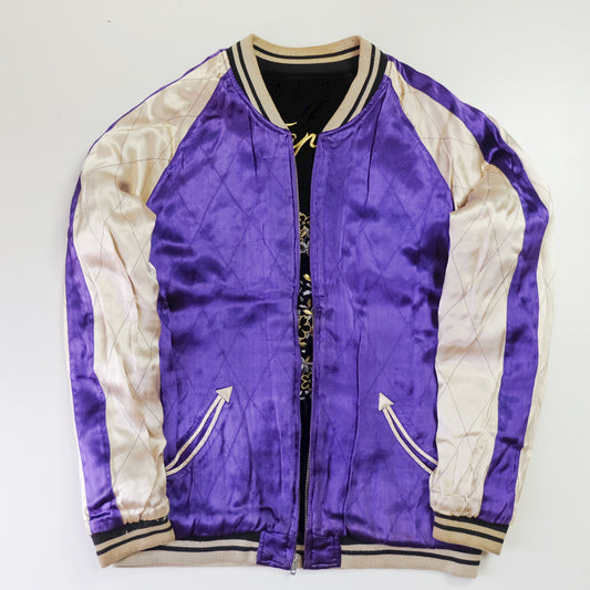 IOLANI Vintage Japanese Street Fashion Black Blue Velvet Sukajan Bomber Souvenir Tour Jacket - Sakura Flowers Floral Cherry Blossom