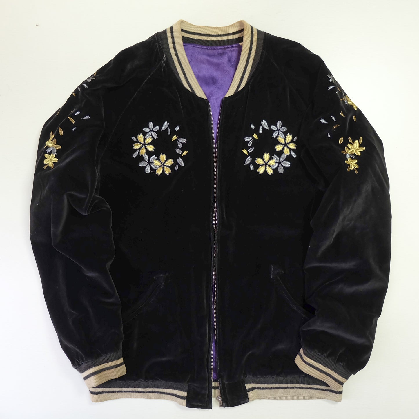 IOLANI Vintage Japanese Street Fashion Black Blue Velvet Sukajan Bomber Souvenir Tour Jacket - Sakura Flowers Floral Cherry Blossom