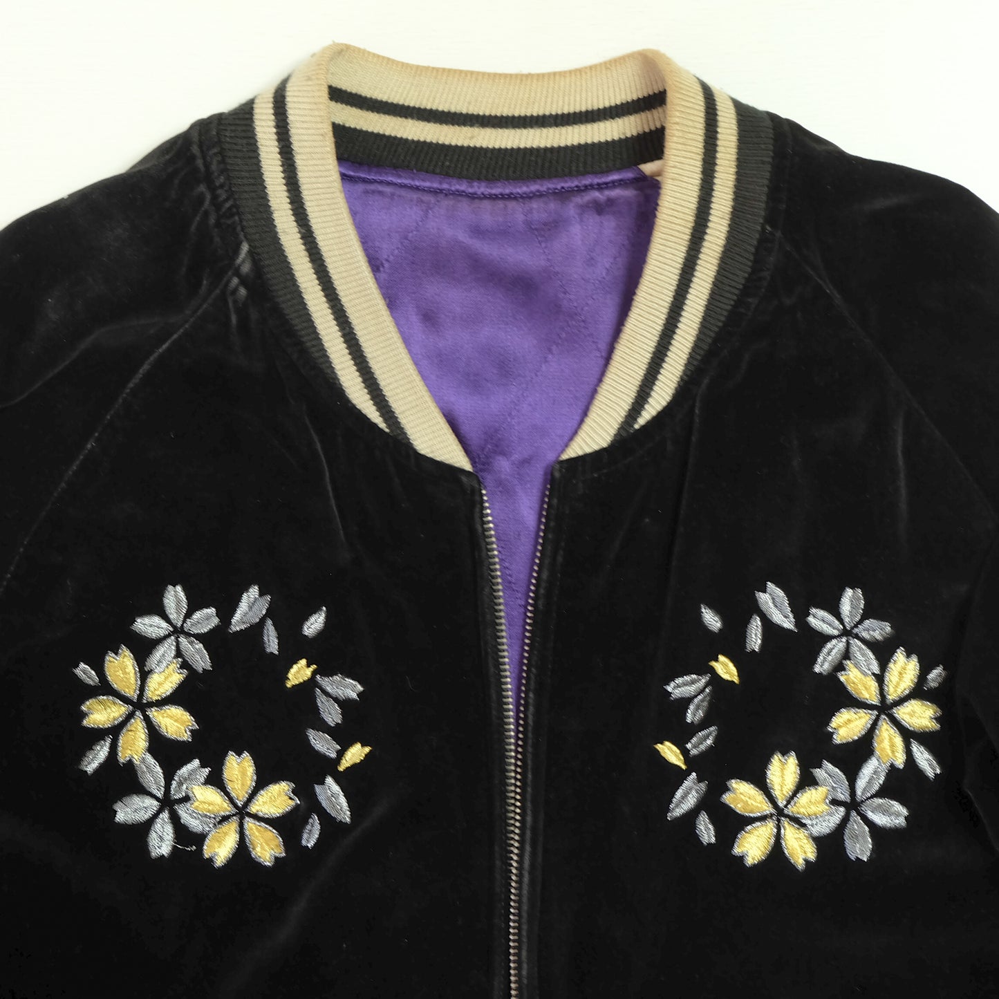 IOLANI Vintage Japanese Street Fashion Black Blue Velvet Sukajan Bomber Souvenir Tour Jacket - Sakura Flowers Floral Cherry Blossom