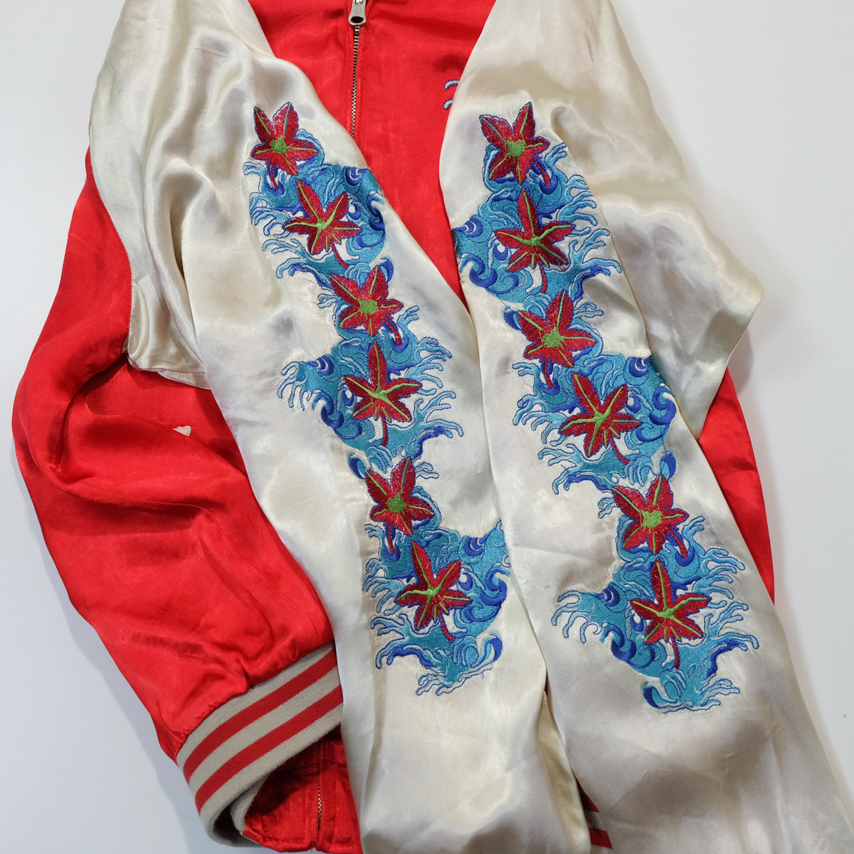 Rare Onigashima CHIC Pop Color Classic Vintage Sukajan Souvenir Jacket Orange Red Koi Carp Fish & Maple Leaves Momiji Tattoo Art Design Embroidery