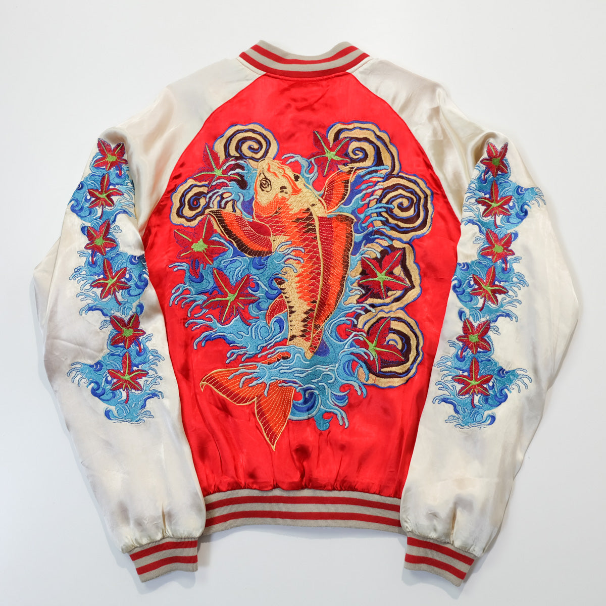 Rare Onigashima CHIC Pop Color Classic Vintage Sukajan Souvenir Jacket Orange Red Koi Carp Fish & Maple Leaves Momiji Tattoo Art Design Embroidery