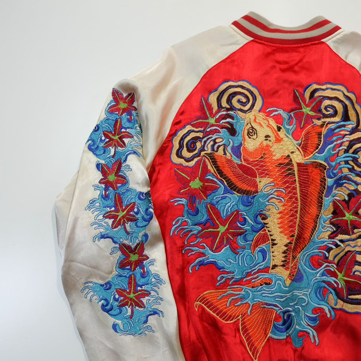 Rare Onigashima CHIC Pop Color Classic Vintage Sukajan Souvenir Jacket Orange Red Koi Carp Fish & Maple Leaves Momiji Tattoo Art Design Embroidery