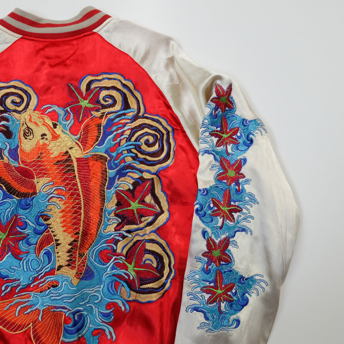 Rare Onigashima CHIC Pop Color Classic Vintage Sukajan Souvenir Jacket Orange Red Koi Carp Fish & Maple Leaves Momiji Tattoo Art Design Embroidery
