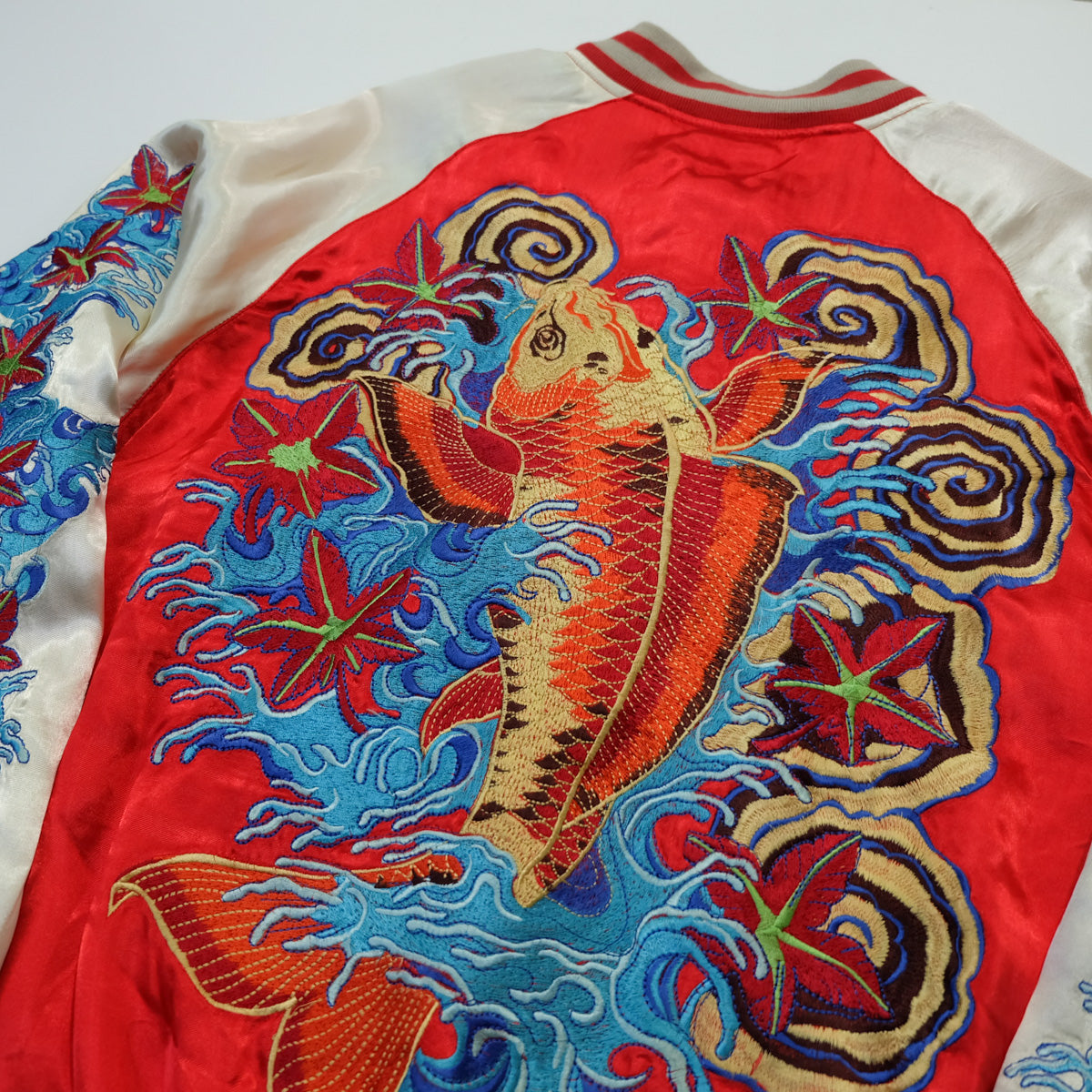 Rare Onigashima CHIC Pop Color Classic Vintage Sukajan Souvenir Jacket Orange Red Koi Carp Fish & Maple Leaves Momiji Tattoo Art Design Embroidery