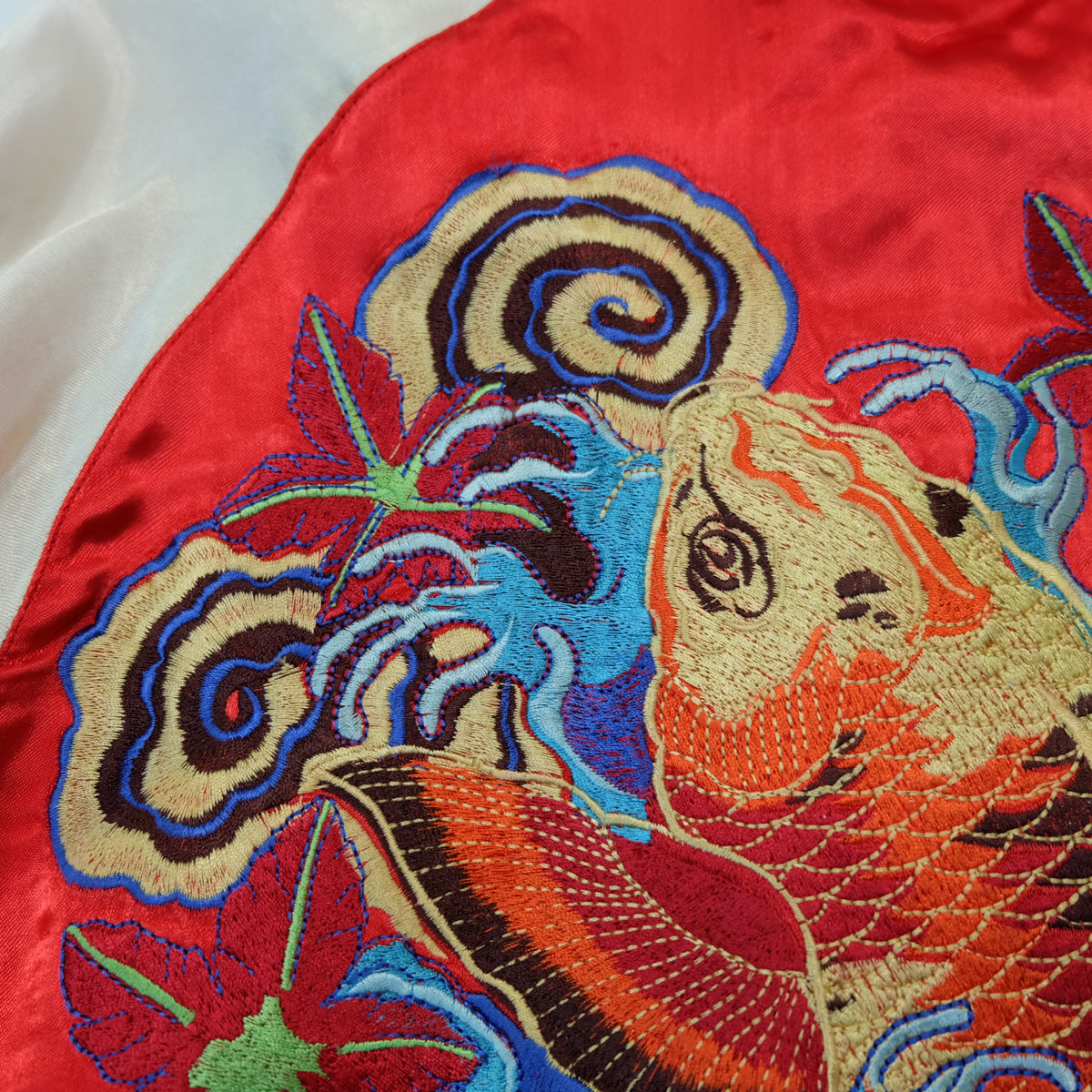 Rare Onigashima CHIC Pop Color Classic Vintage Sukajan Souvenir Jacket Orange Red Koi Carp Fish & Maple Leaves Momiji Tattoo Art Design Embroidery