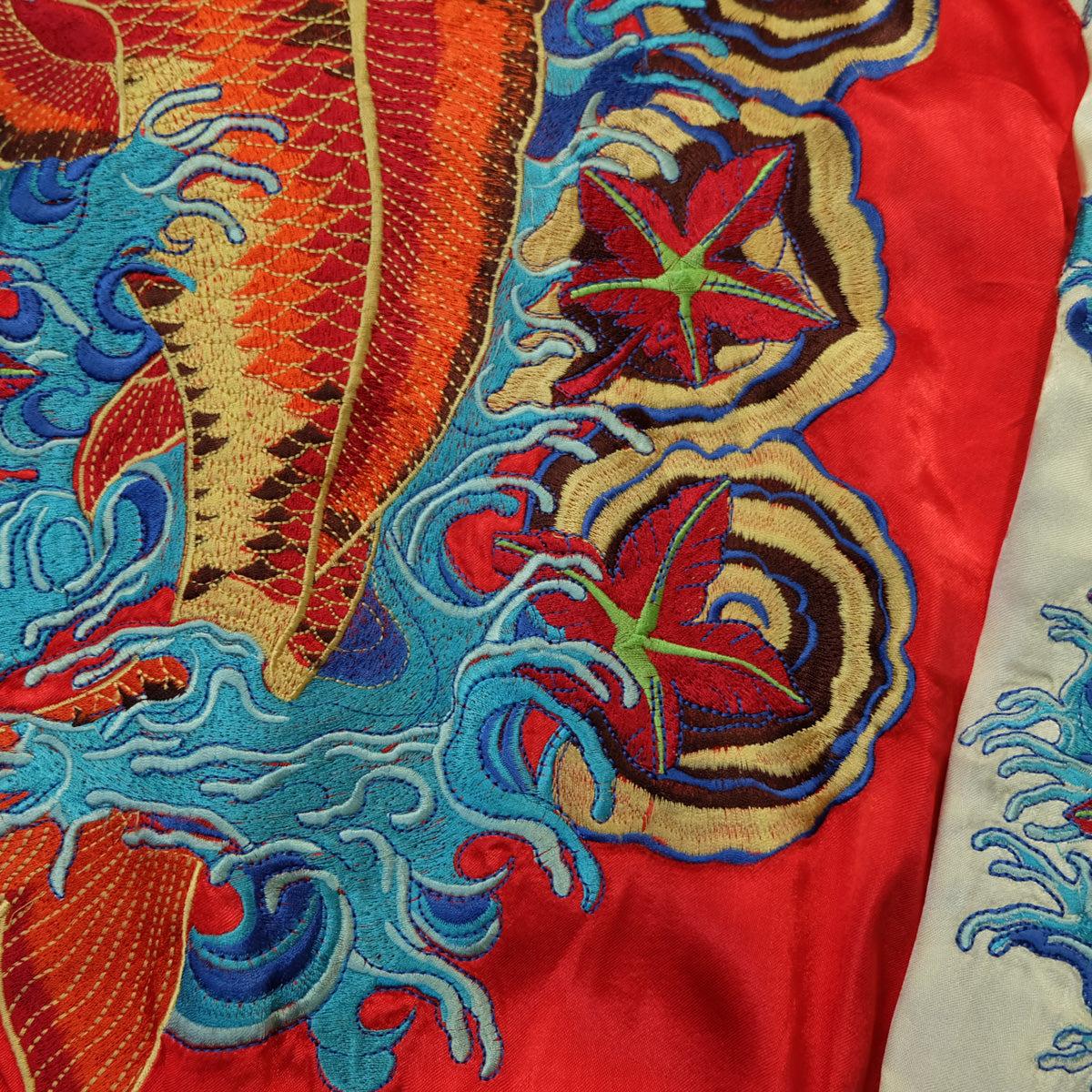 Rare Onigashima CHIC Pop Color Classic Vintage Sukajan Souvenir Jacket Orange Red Koi Carp Fish & Maple Leaves Momiji Tattoo Art Design Embroidery