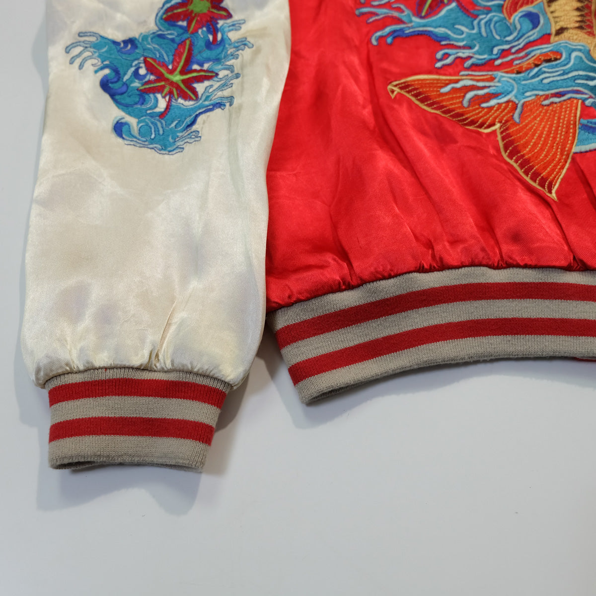 Rare Onigashima CHIC Pop Color Classic Vintage Sukajan Souvenir Jacket Orange Red Koi Carp Fish & Maple Leaves Momiji Tattoo Art Design Embroidery