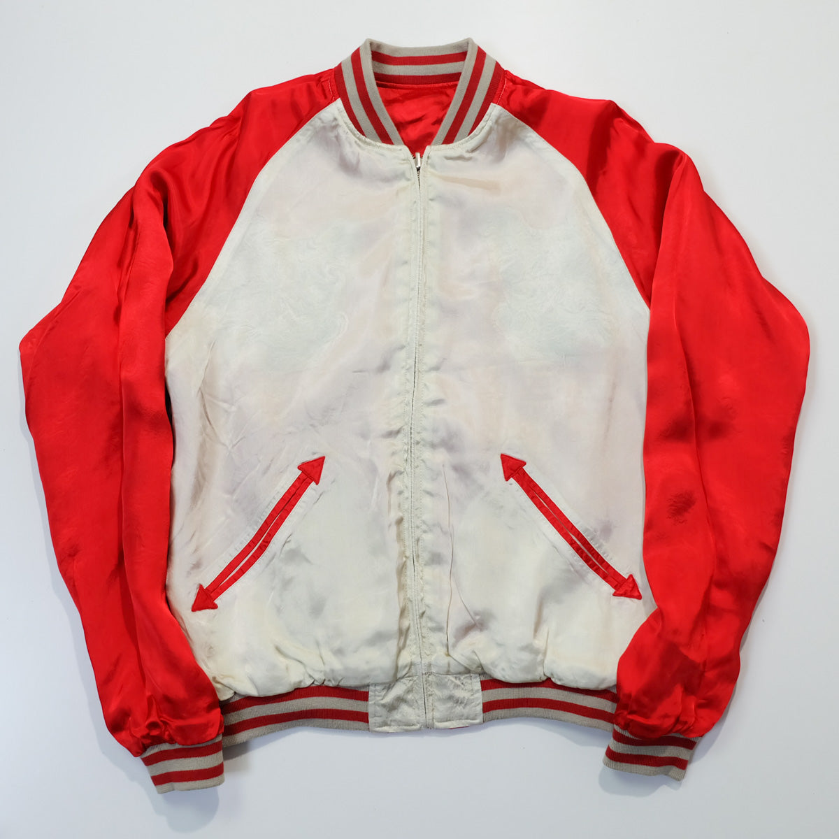Rare Onigashima CHIC Pop Color Classic Vintage Sukajan Souvenir Jacket Orange Red Koi Carp Fish & Maple Leaves Momiji Tattoo Art Design Embroidery