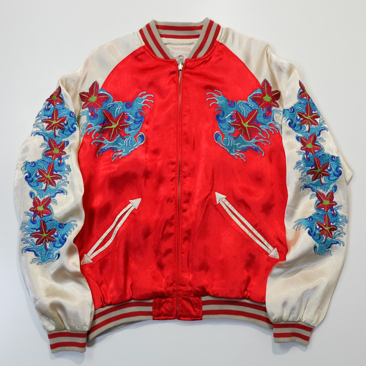 Rare Onigashima CHIC Pop Color Classic Vintage Sukajan Souvenir Jacket Orange Red Koi Carp Fish & Maple Leaves Momiji Tattoo Art Design Embroidery