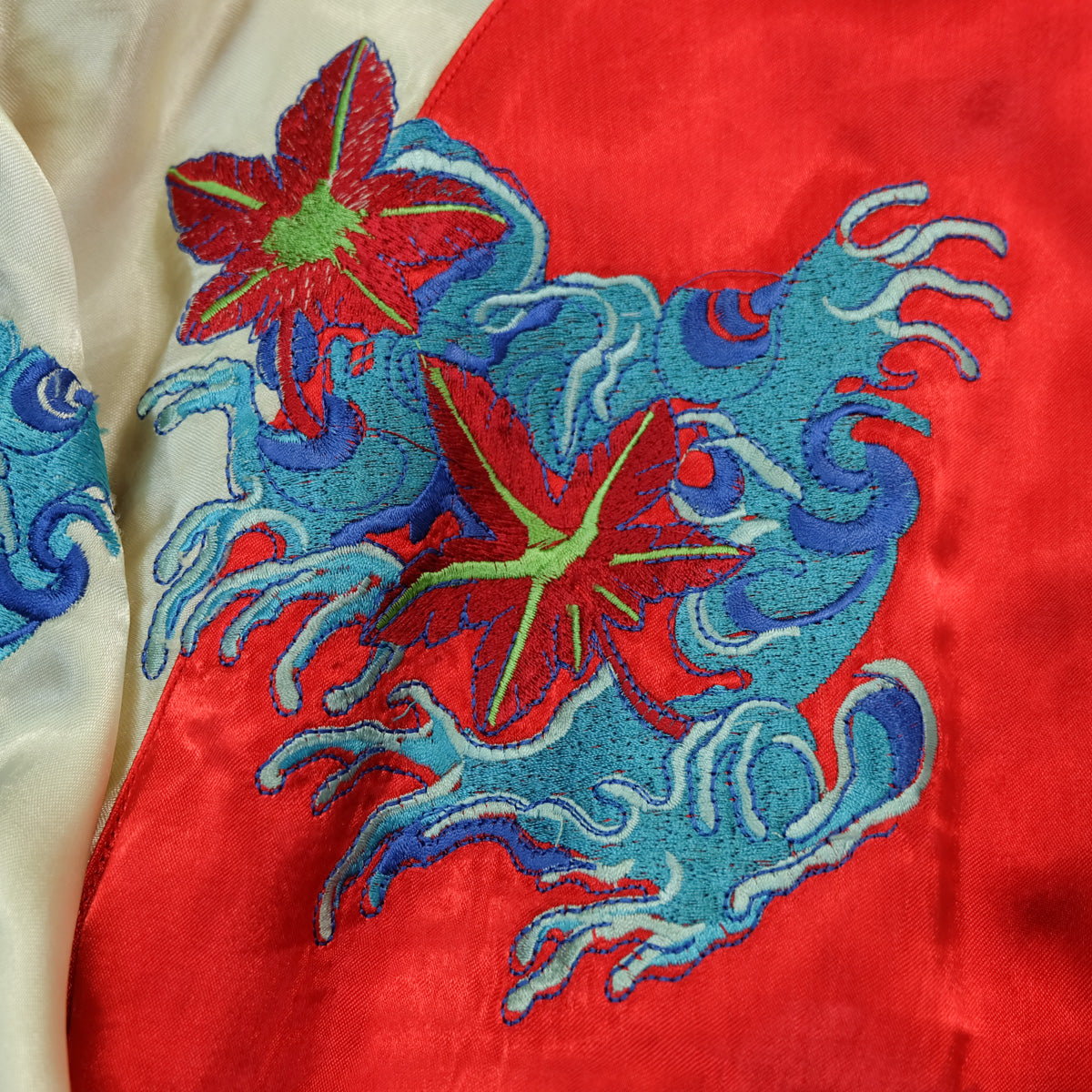 Rare Onigashima CHIC Pop Color Classic Vintage Sukajan Souvenir Jacket Orange Red Koi Carp Fish & Maple Leaves Momiji Tattoo Art Design Embroidery