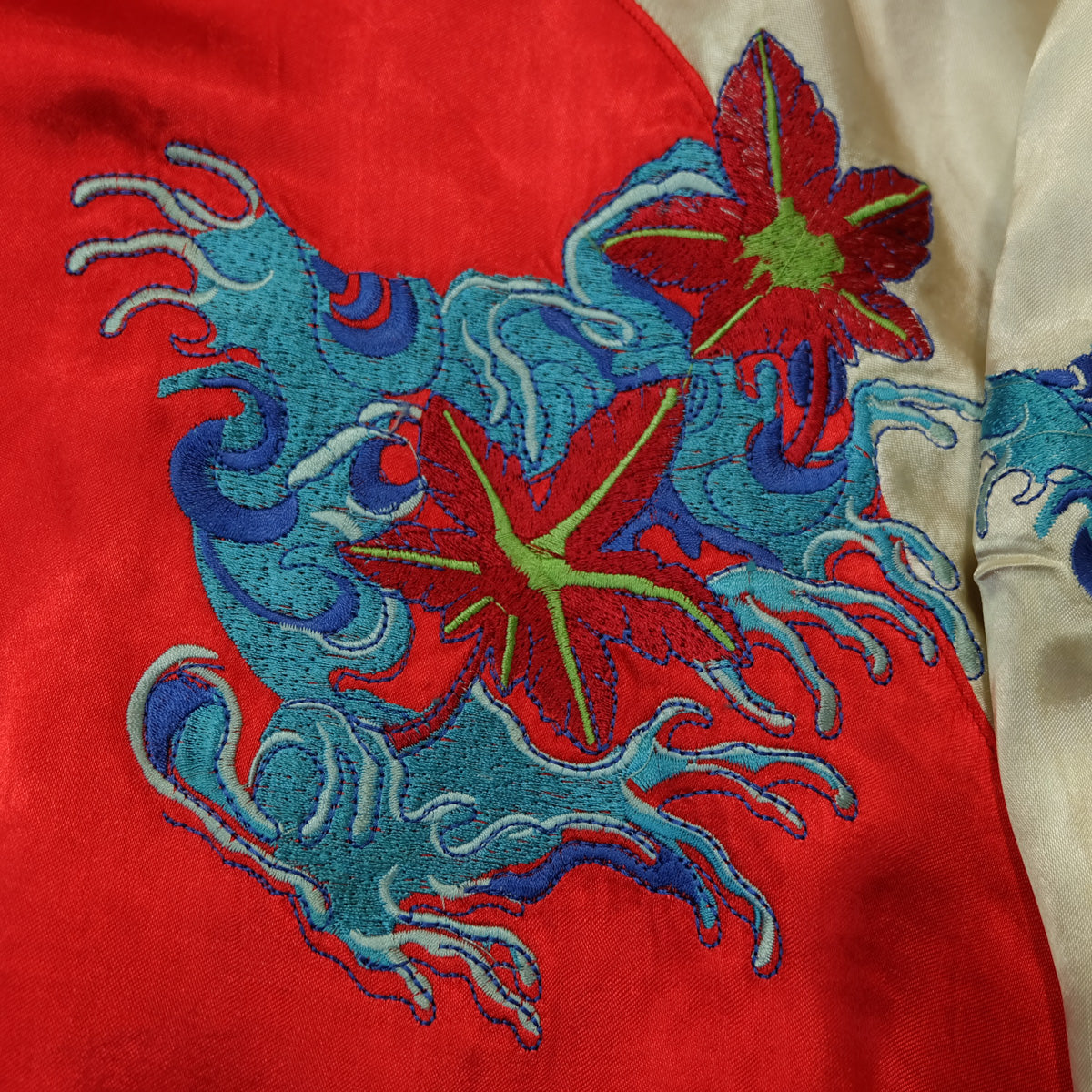 Rare Onigashima CHIC Pop Color Classic Vintage Sukajan Souvenir Jacket Orange Red Koi Carp Fish & Maple Leaves Momiji Tattoo Art Design Embroidery