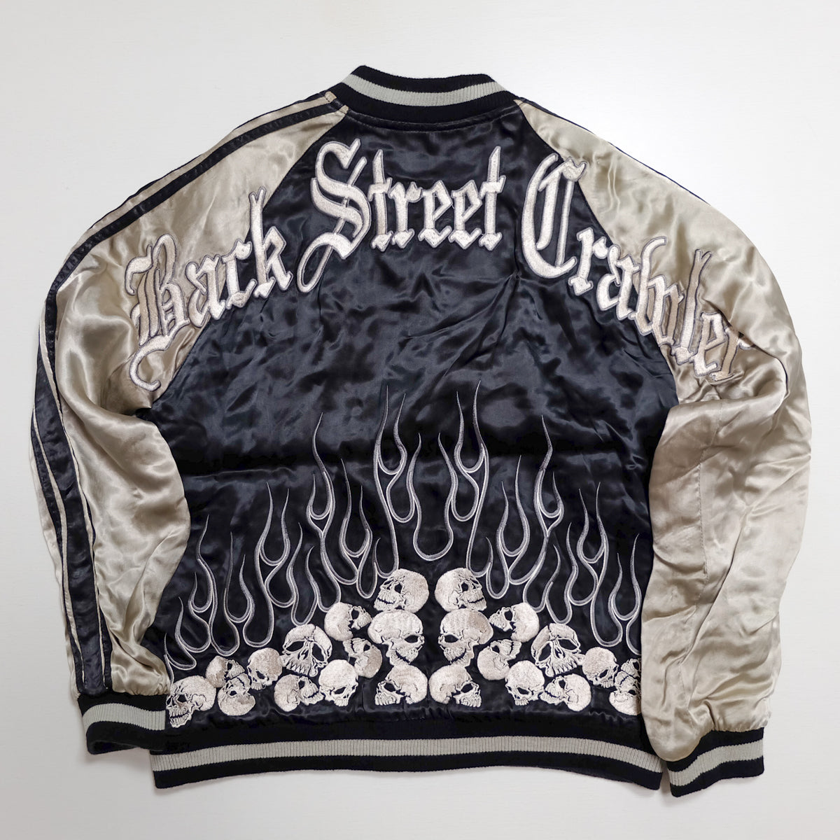 Vintage Sukajan Jacket Back Street Crawler PUNK ROCK Gothic Skull Flames Embroidery Reversible Souvenir Japan Streetwear Rockabilly Style M