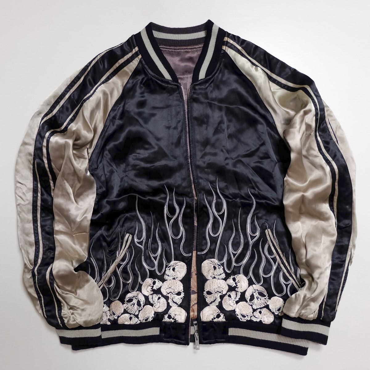 Vintage Sukajan Jacket Back Street Crawler PUNK ROCK Gothic Skull Flames Embroidery Reversible Souvenir Japan Streetwear Rockabilly Style M