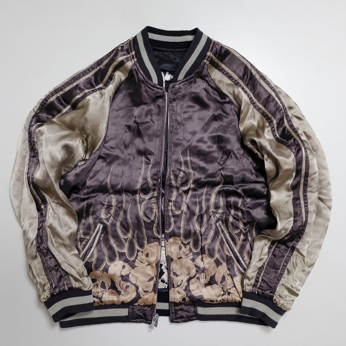 Vintage Sukajan Jacket Back Street Crawler PUNK ROCK Gothic Skull Flames Embroidery Reversible Souvenir Japan Streetwear Rockabilly Style M