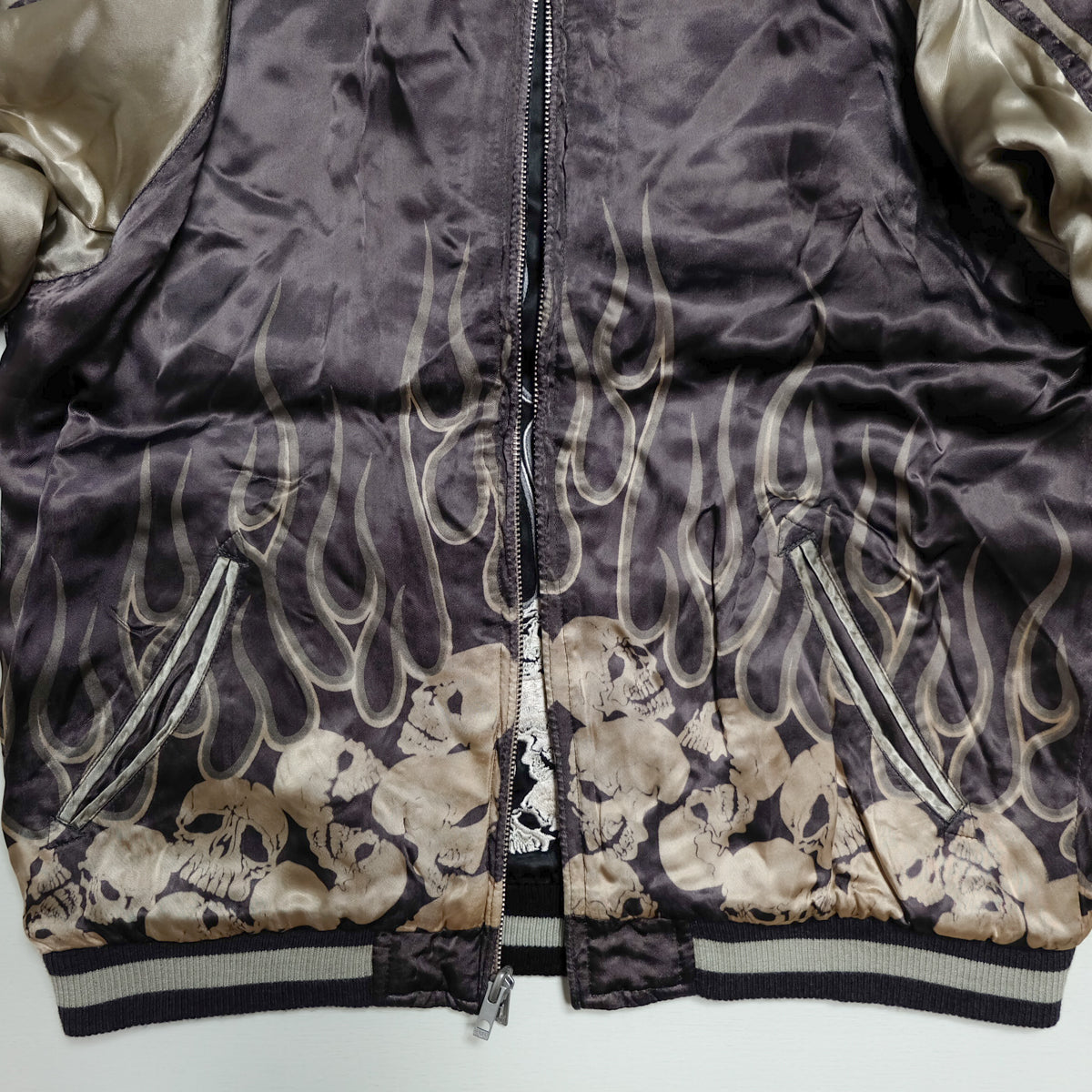 Vintage Sukajan Jacket Back Street Crawler PUNK ROCK Gothic Skull Flames Embroidery Reversible Souvenir Japan Streetwear Rockabilly Style M
