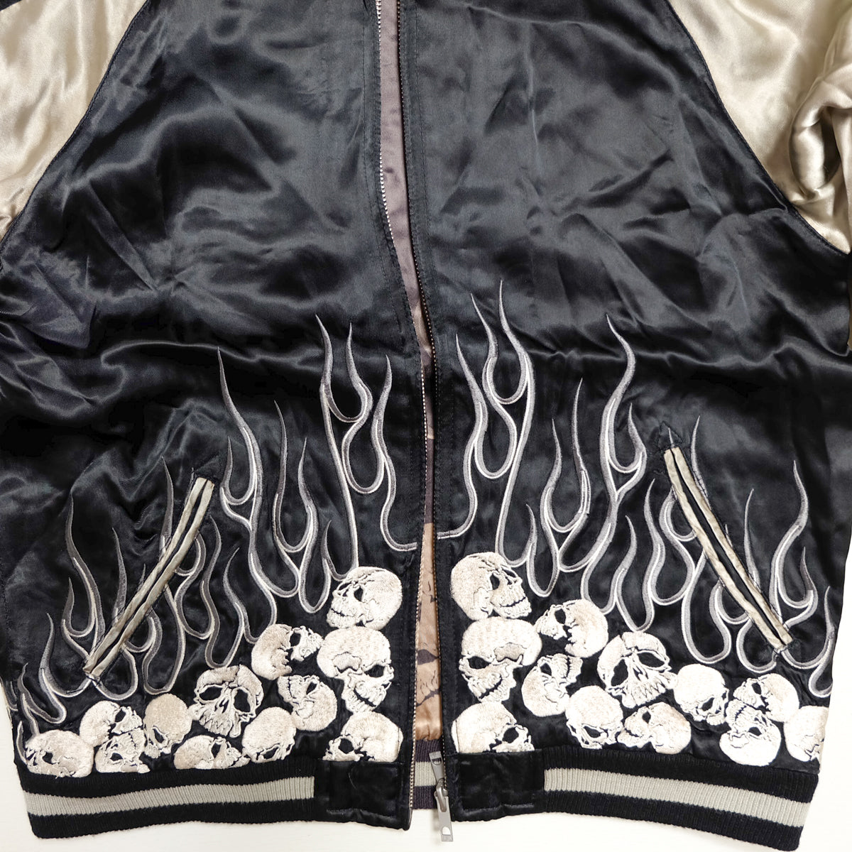 Vintage Sukajan Jacket Back Street Crawler PUNK ROCK Gothic Skull Flames Embroidery Reversible Souvenir Japan Streetwear Rockabilly Style M
