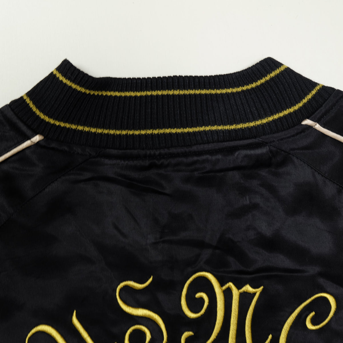 HOUSTON USMC Sukajan, Eagle Globe & Anchor Semper Fidelis Embroidery, Black Satin, Vintage, Size M
