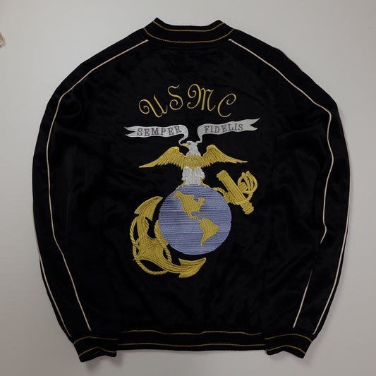 Vintage HOUSTON USMC Sukajan Jacket M Black Satin Marine Corps Eagle Globe Anchor Embroidered Japanese Souvenir Bomber