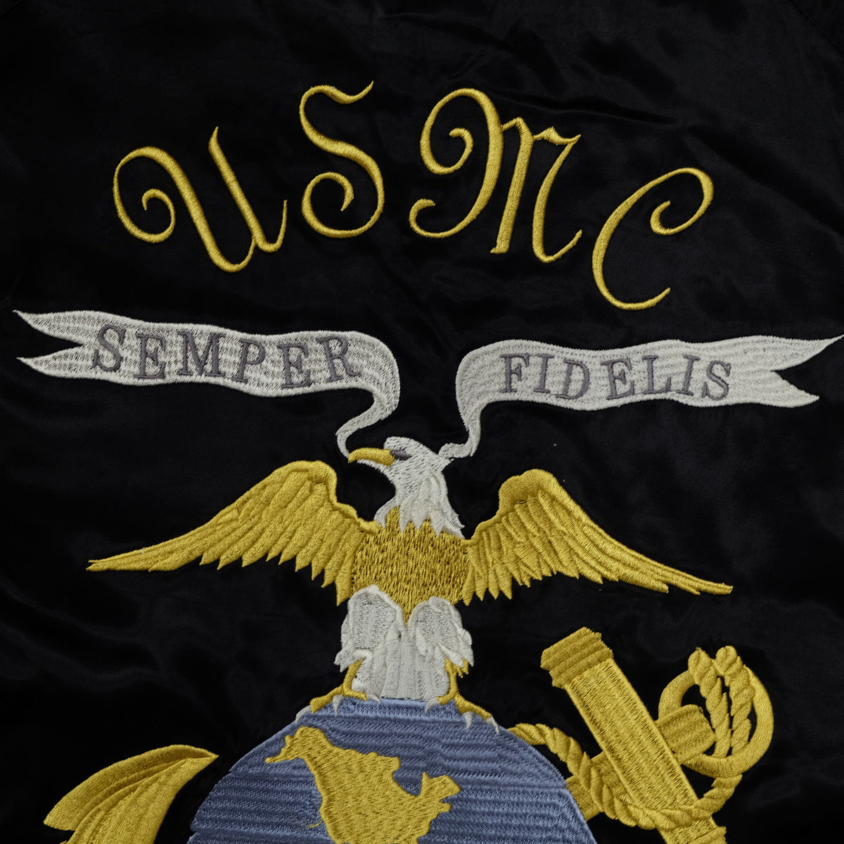 HOUSTON USMC Sukajan, Eagle Globe & Anchor Semper Fidelis Embroidery, Black Satin, Vintage, Size M