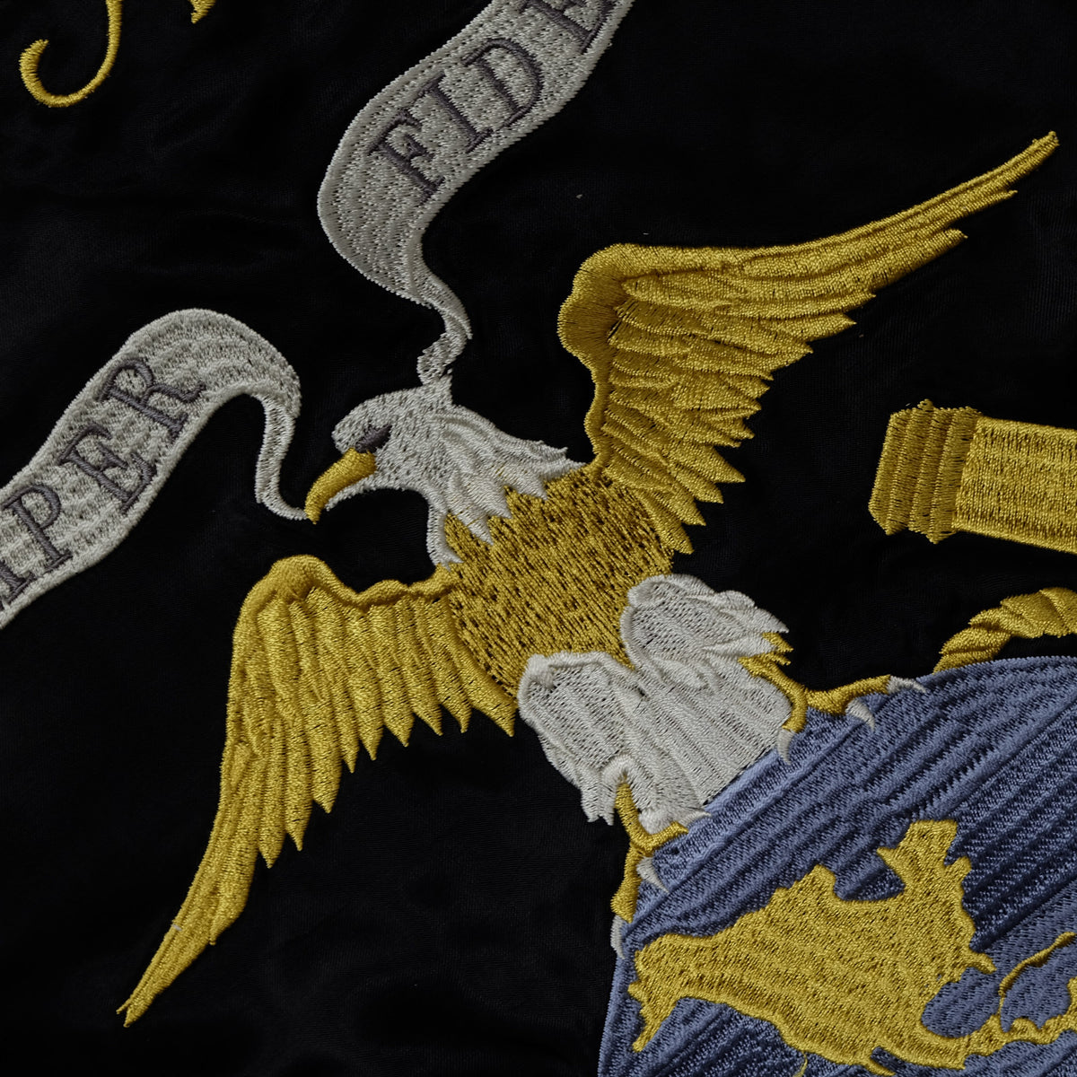 HOUSTON USMC Sukajan, Eagle Globe & Anchor Semper Fidelis Embroidery, Black Satin, Vintage, Size M