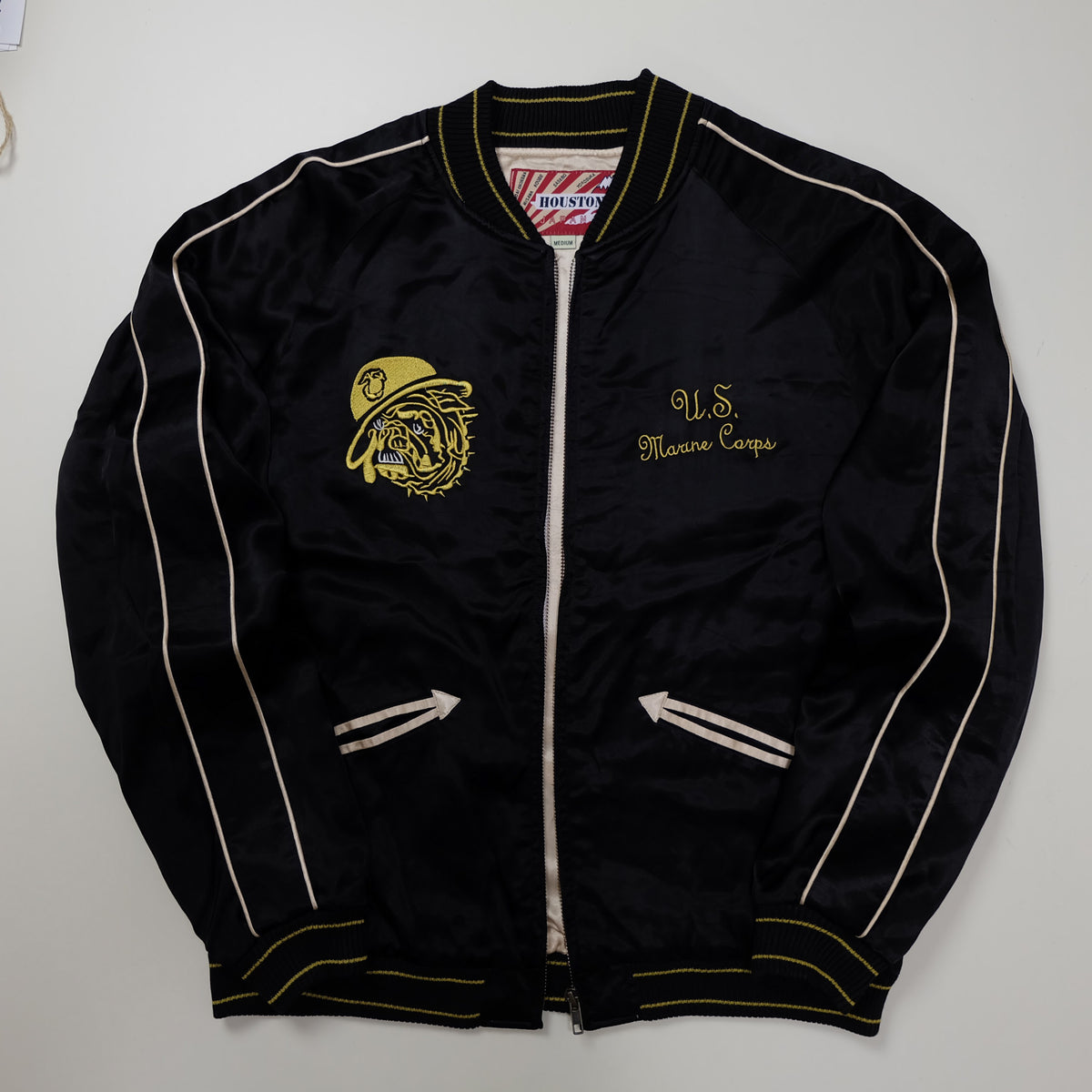 HOUSTON USMC Sukajan, Eagle Globe & Anchor Semper Fidelis Embroidery, Black Satin, Vintage, Size M