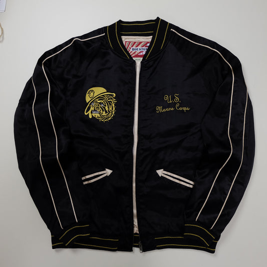 Vintage HOUSTON USMC Sukajan Jacket M Black Satin Marine Corps Eagle Globe Anchor Embroidered Japanese Souvenir Bomber