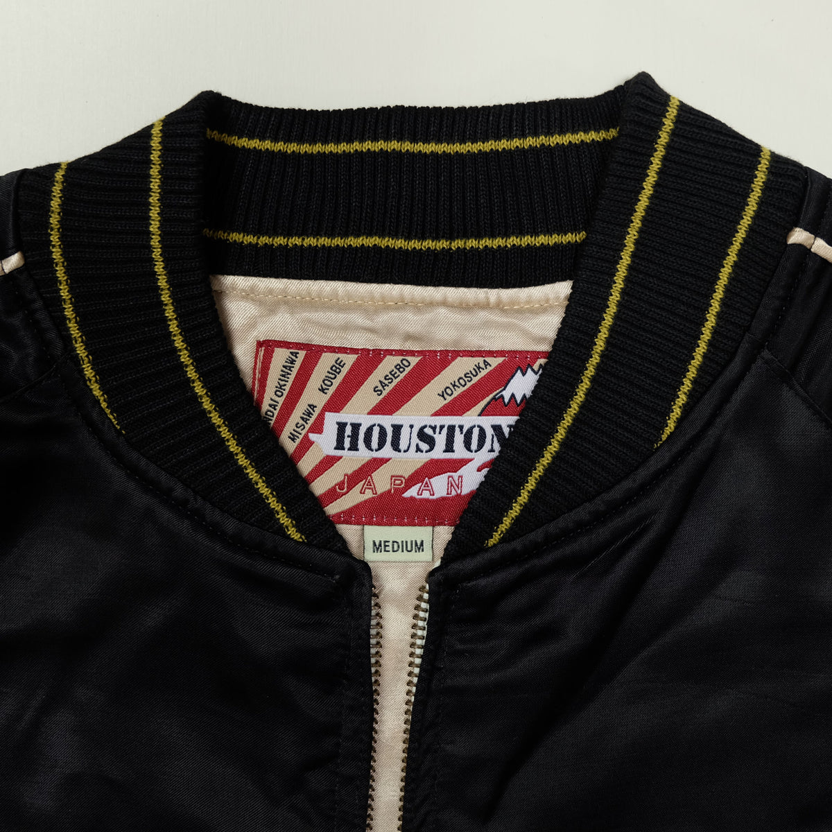HOUSTON USMC Sukajan, Eagle Globe & Anchor Semper Fidelis Embroidery, Black Satin, Vintage, Size M