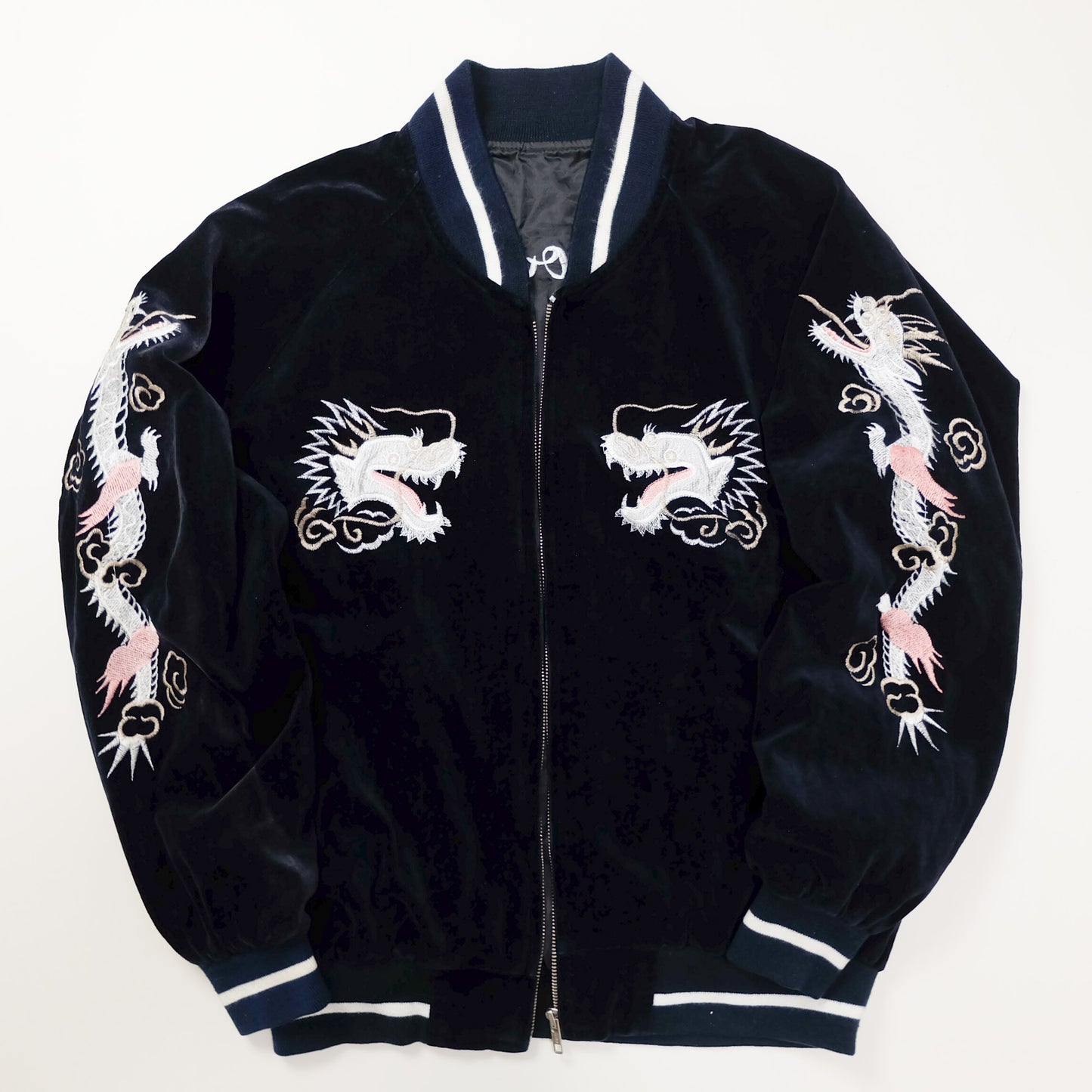 Vintage Black Velvet Dragon Sukajan Jacket L Japanese Yokosuka Souvenir Bomber White Irezumi Embroidery