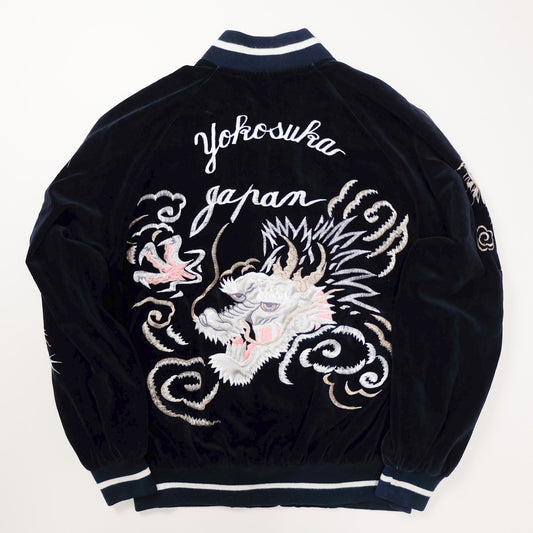 Vintage Black Velvet Dragon Sukajan Jacket L Japanese Yokosuka Souvenir Bomber White Irezumi Embroidery