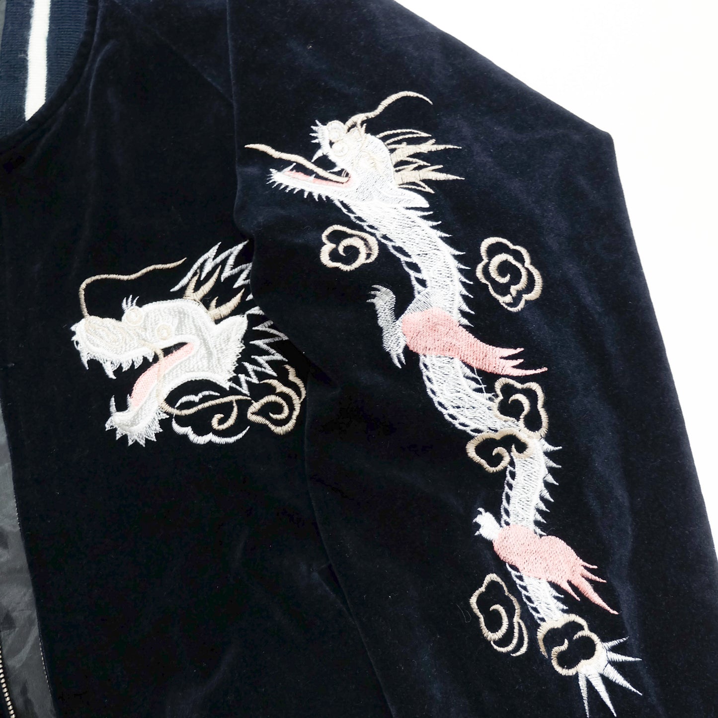 Vintage Black Velvet Dragon Sukajan Jacket L Japanese Yokosuka Souvenir Bomber White Irezumi Embroidery