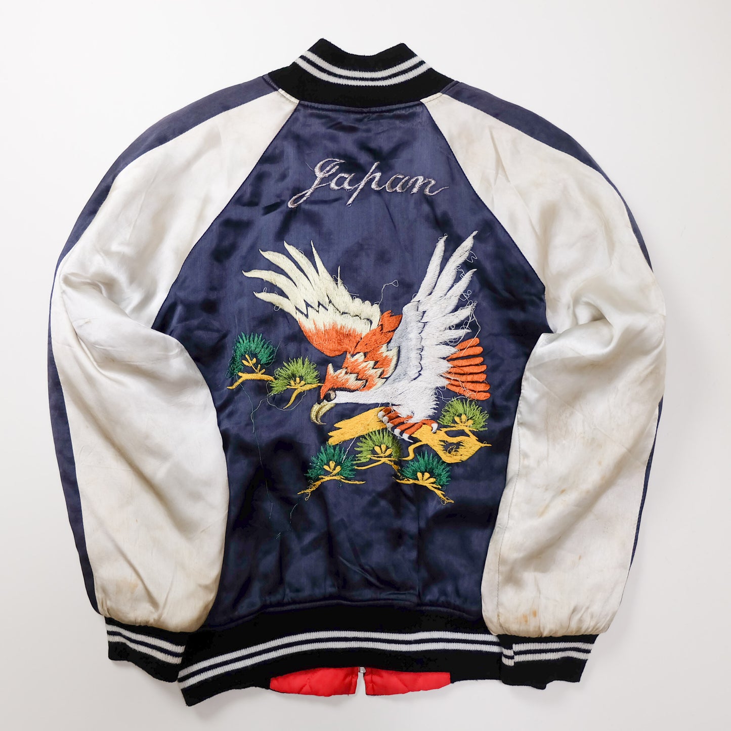 Vintage Japan Eagle Sukajan Jacket L Yokoburi Embroidered Navy White Souvenir Bomber Pine Hawk Japanese Streetwear